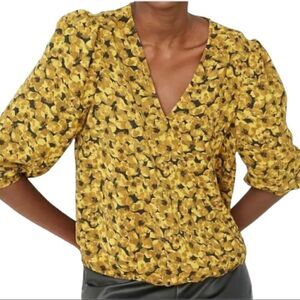 A new day yellow long sleeve v-neck floral wrap blouse
